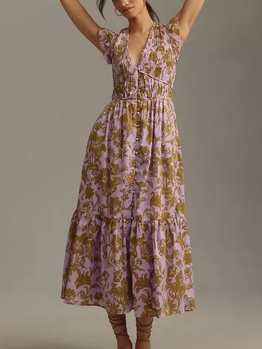Anthropologie Peregrine Lavender Floral Smocked Midi Dress Flutter Sleeve Sz SP
